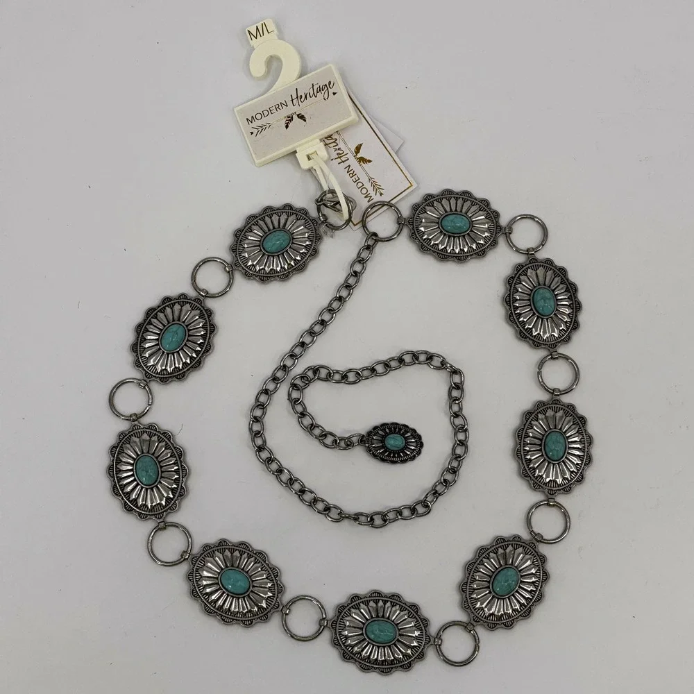 Western Heritage Chain Belt Women M/L Silver Turquoise  Concho  Boho Cowgirl